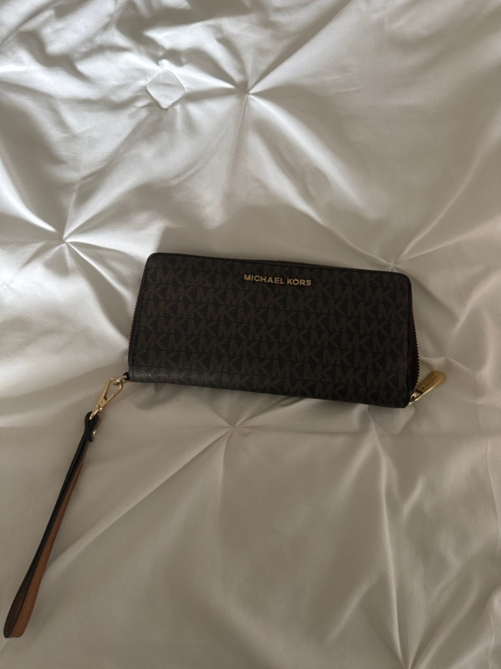 Michael Kors Dark Brown MK Logo Zip Wallet Wristlet with Gold Hardware